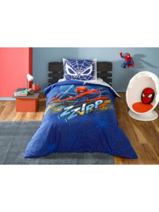 Постельное белье с простыней на резинке Человек паук Spiderman blue city Disney ранфорс 1,5 сп / Tac