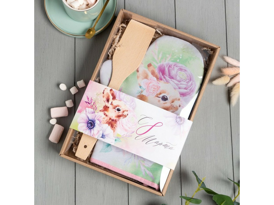 Набор кухонный 4654922 С 8 Марта (варежка-прихватка, деревянная лопатка) / Доляна