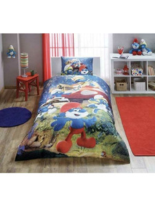 Постельное белье с простыней на резинке Смурфики Sirine the lost village Disney ранфорс 1,5 сп / Tac
