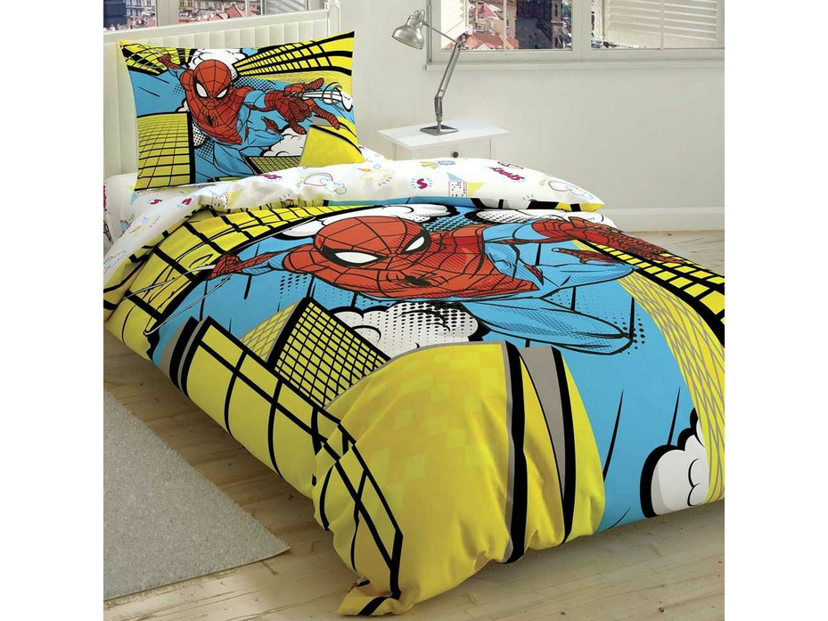 Постельное белье с простыней на резинке Человек паук Spiderman Exciting Jump Disney ранфорс 1,5 сп / Tac