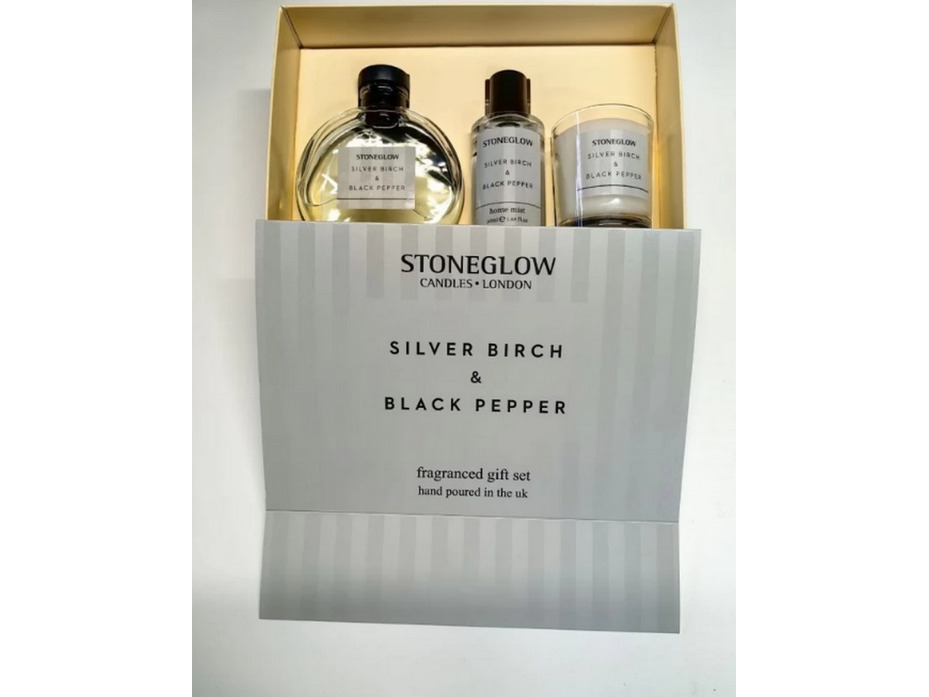 Серебряная береза и черный перец / Подарочный набор (Диффузор с палочками, свеча, спрей для белья) / StoneGlow