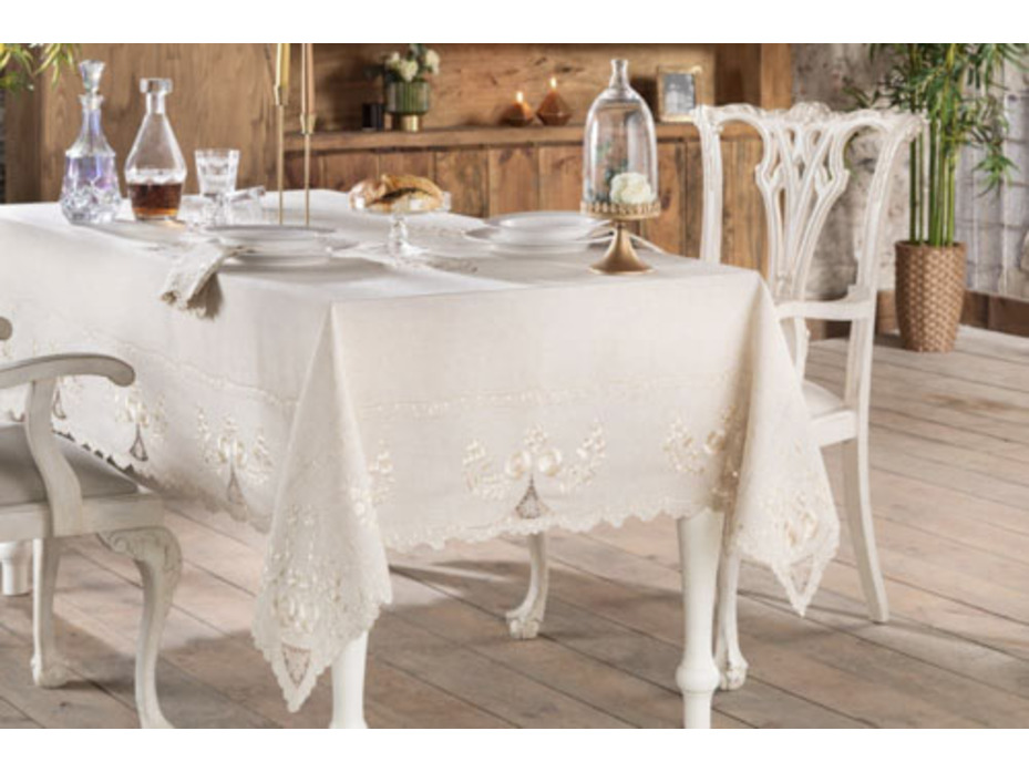 Скатерть Belenda Nakisli Keten с вышивкой 165*245 / Tivolyo Home