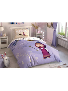 Постельное белье с простыней на резинке Маша и медведь Masha and the bear magical ранфорс 1,5 сп / Tac