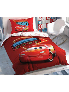 Постельное белье с простыней на резинке Тачки Cars Shiny Road Disney ранфорс 1,5 сп / Tac