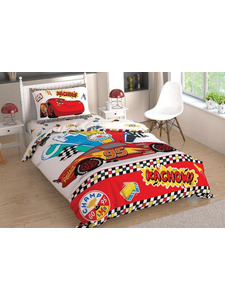 Постельное белье с простыней на резинке Молния Маккуин Cars Kachow Disney ранфорс 1,5 сп / Tac