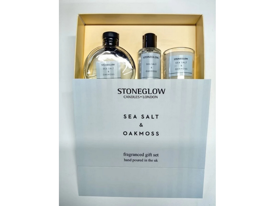 Морская соль и белый мох / Подарочный набор (диффузор с палочками, свеча и спрей для белья) / StoneGlow