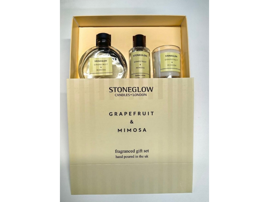 Грейпфрут и мимоза / Подарочный набор (Диффузор с палочками, свеча и спрей для белья) / StoneGlow Грейпфрут и мимоза / Подарочный набор (Диффузор с палочками, свеча и спрей для белья) / StoneGlow