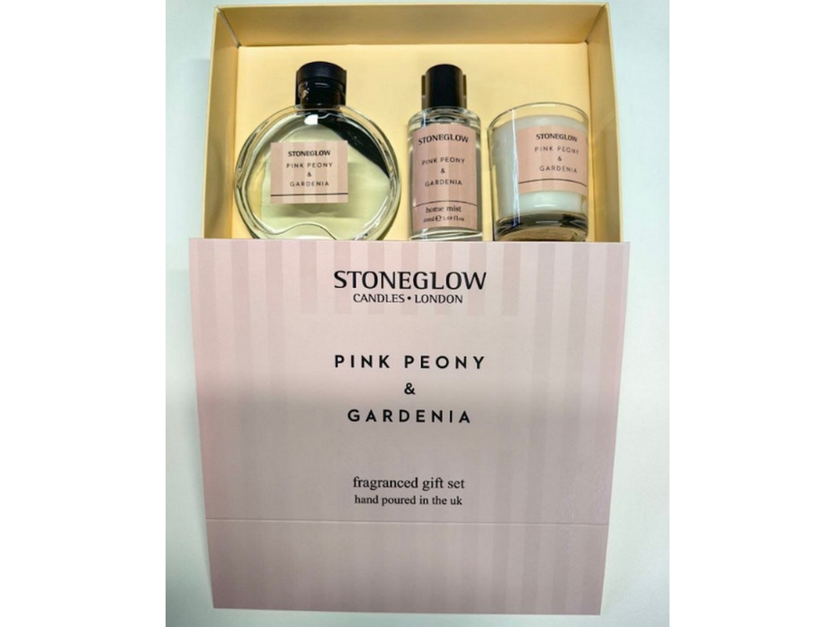 Розовый пион и гардения / Подарочный набор (диффузор с палочками, свеча и спрей для белья) / StoneGlow
