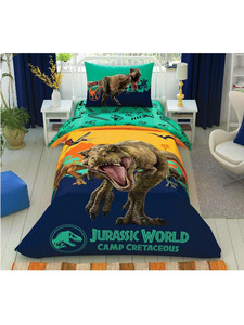 Постельное белье с простыней на резинке Disney Jurassic world camp ранфорс 1,5 сп / Tac