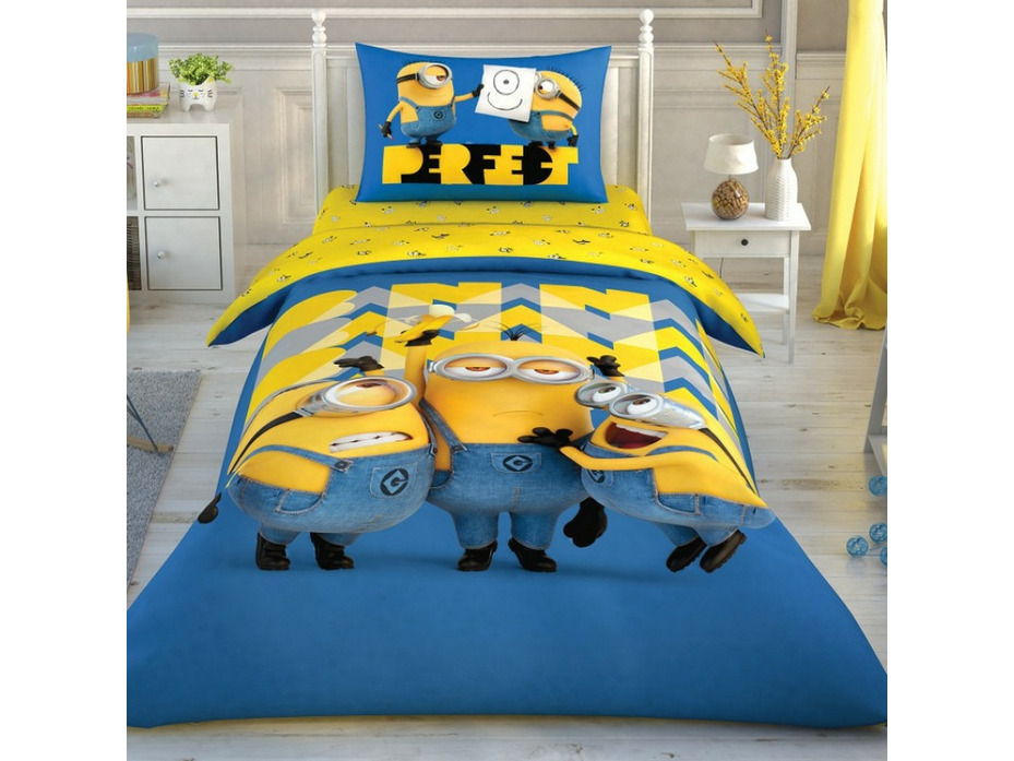 Постельное белье с простыней на резинке Disney minions perfect ранфорс 1,5 сп / Tac