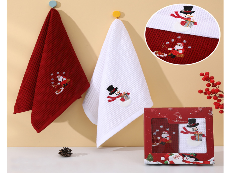 Набор полотенец 8511704 Дед Мороз и снеговик вафельно-махровое (40*60, 2 шт) / 7-я