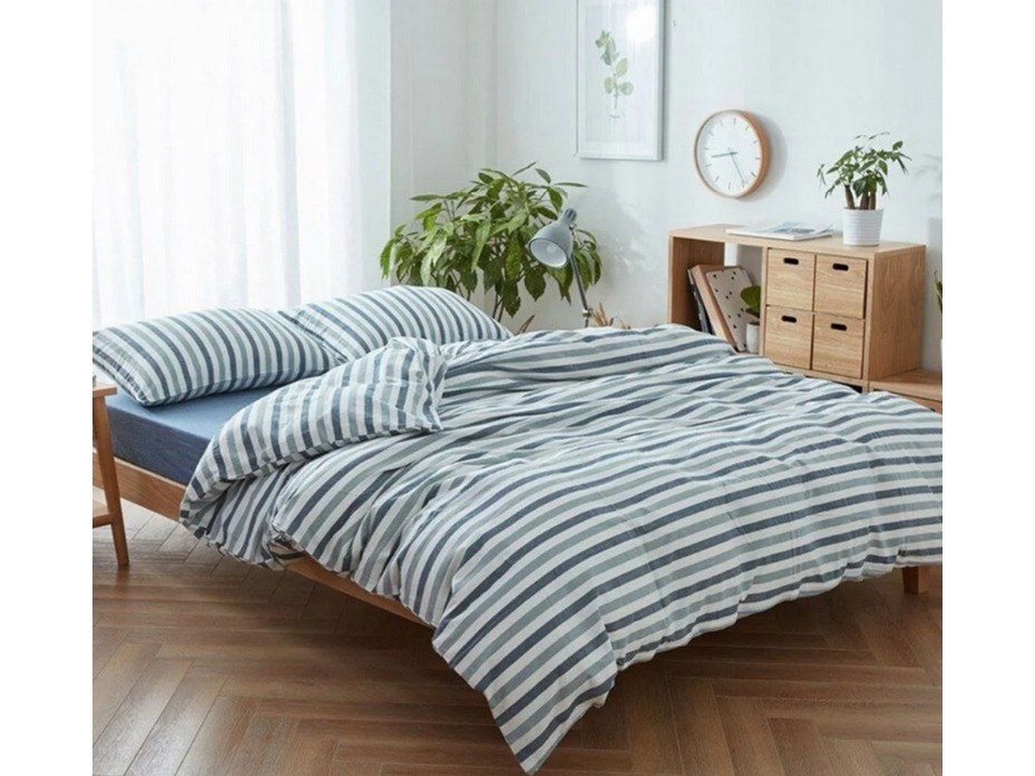 Простыня 143YD-73 Серо-синий широкая полоса уваренный хлопок 240*260 / Tia