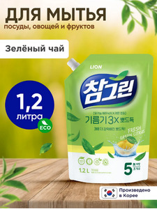 Средство для мытья посуды, овощей и фруктов Chamgreen Зеленый чай мягкая упаковка 1200 мл / Lion