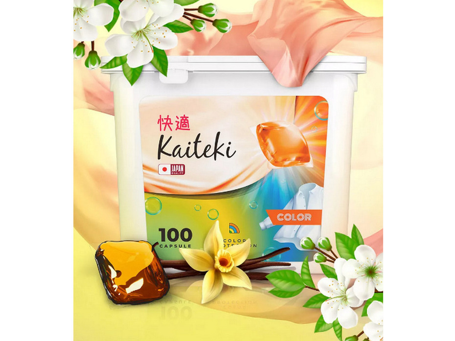 Капсулы для стирки 3 в 1 Color аромат Жасмина и Ванили, 100 шт / Kaiteki Капсулы для стирки 3 в 1 Color аромат Жасмина и Ванили, 100 шт / Kaiteki